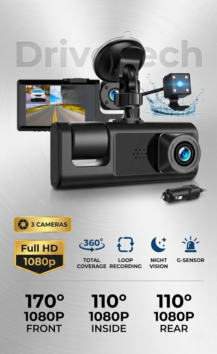 DriveTech™ Triple-View 1080P Dash Cam